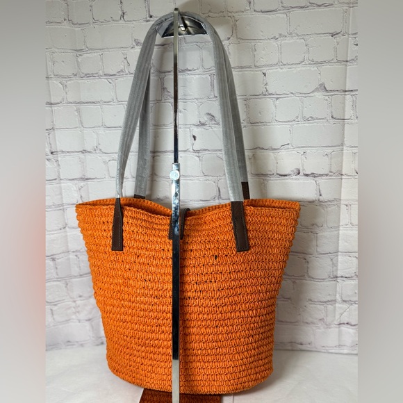 KURT GEIGER Hampton Raffia and Leather Shoulder Tote Bag Orange Brass Eagle Head - Picture 7 of 16